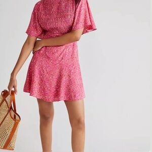 Free People Pink Florence Smock Mini‎ Dress Large Boho Chic Cottage Charm NWT